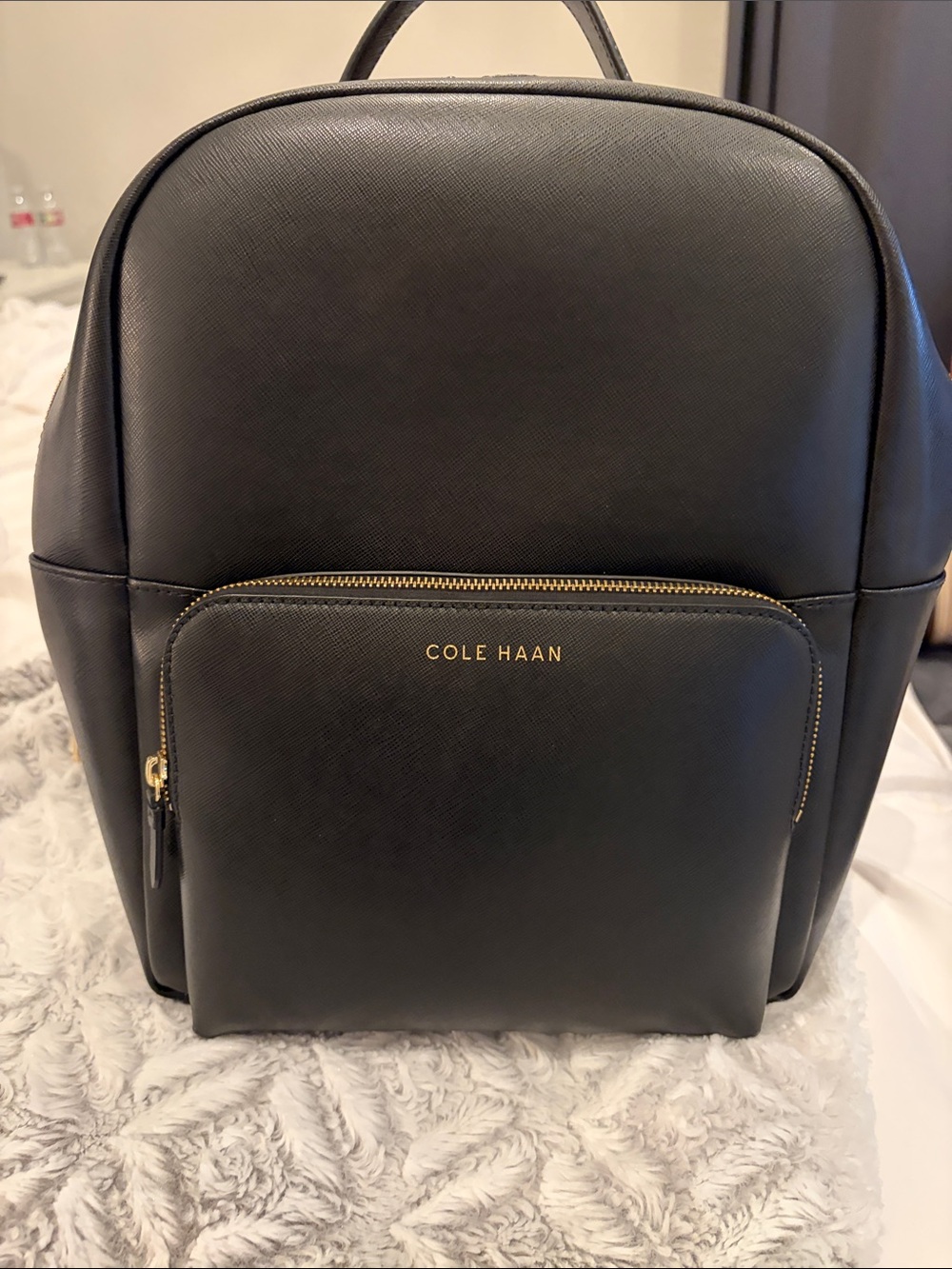 Cole Haan Black Leather Backpack with Gold Hardware